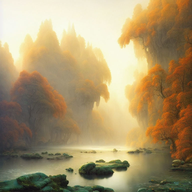 Tranquil autumn forest with misty ambiance and vibrant foliage