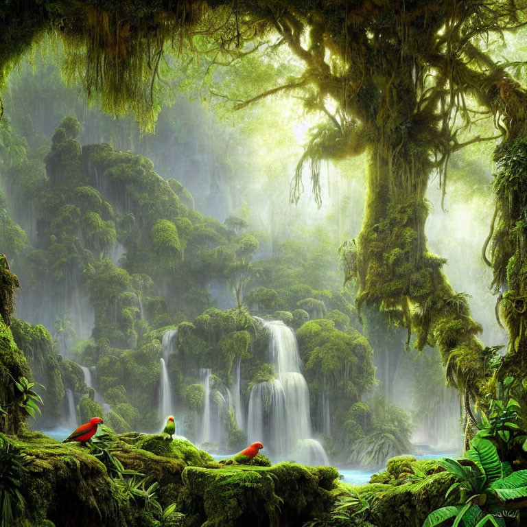 Lush Rainforest with Waterfalls, Birds, and Mist