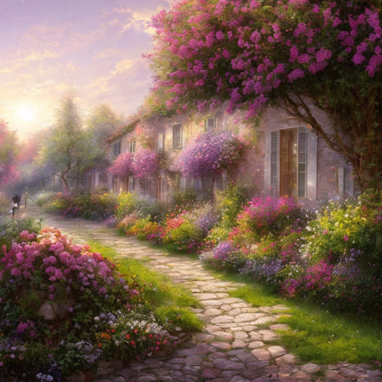 Scenic stone pathway to cottages with vibrant flowers at sunset