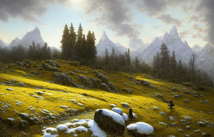 Golden meadow with sheep, evergreen trees, and snow-capped peaks in serene landscape