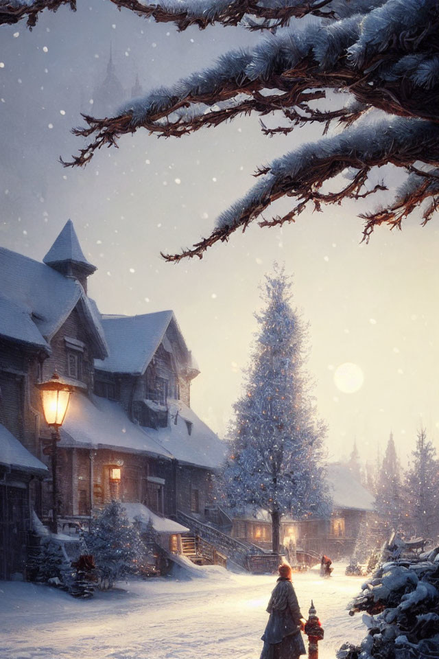 Snow-covered cottage and Christmas tree in serene winter scene