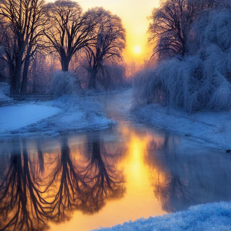 Snow-covered trees, river, and sunrise in serene winter landscape