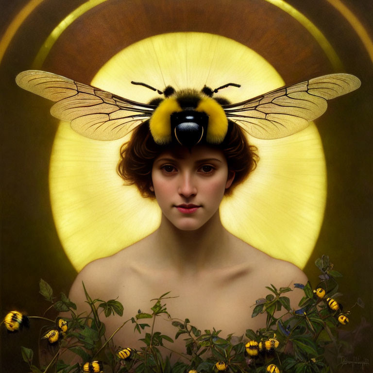 Portrait of Woman with Bee Features Surrounded by Flowers and Bees