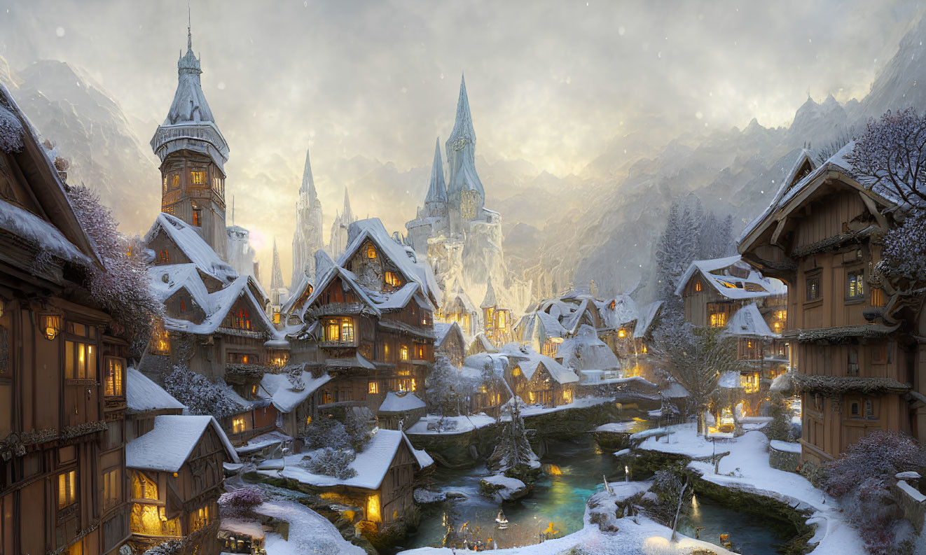 Snow-covered fantasy village with cozy houses, river, and mountains at dusk