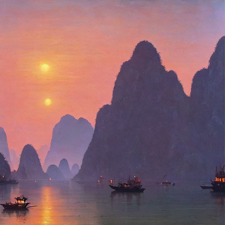 Sunset behind karst mountains reflected on water with floating boats in warm evening glow