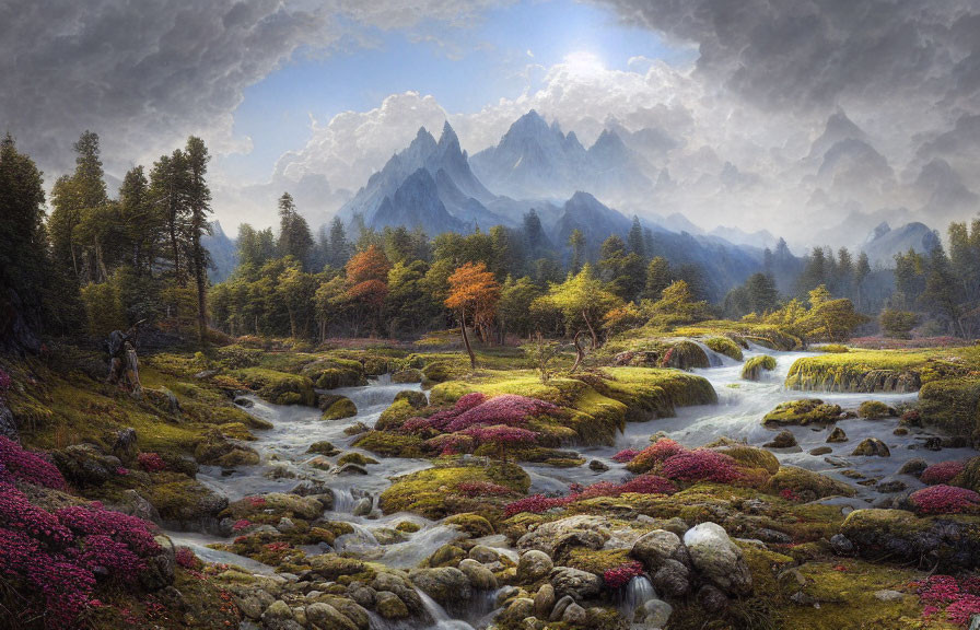 Tranquil landscape with babbling brook, pink flora, lush greenery, and mountain peaks