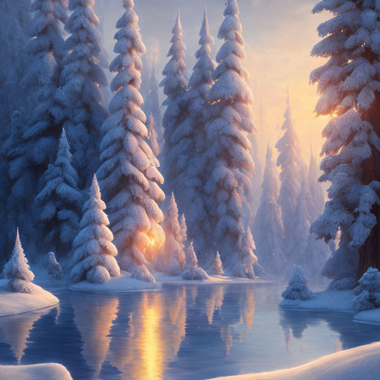 Snow-covered pine trees by reflective blue river at sunrise