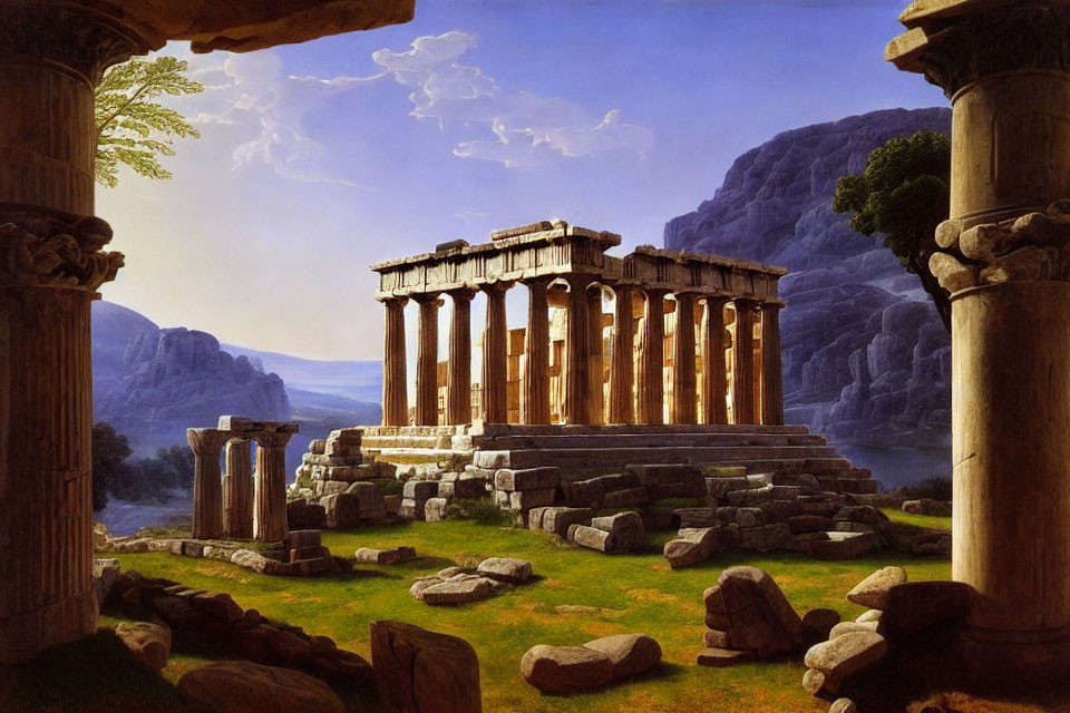 Ancient Greek temple with Doric columns in mountainous ruins