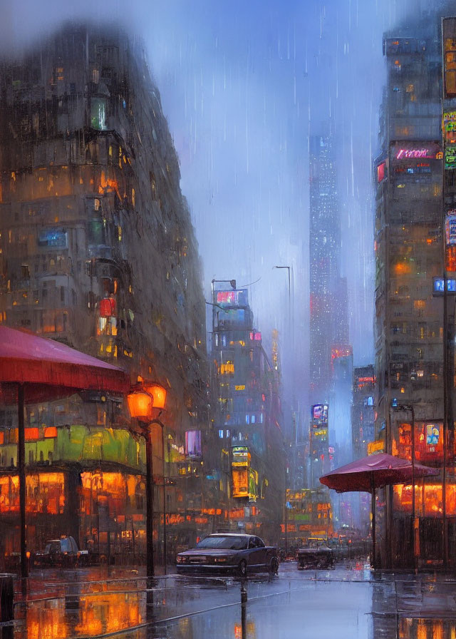 Rainy cityscape at dusk: storefronts, reflections, skyscrapers in mist