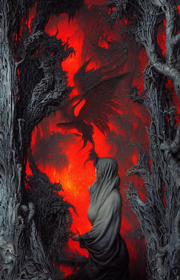 Mysterious figure in cloak with fiery red backdrop and dark twisted trees