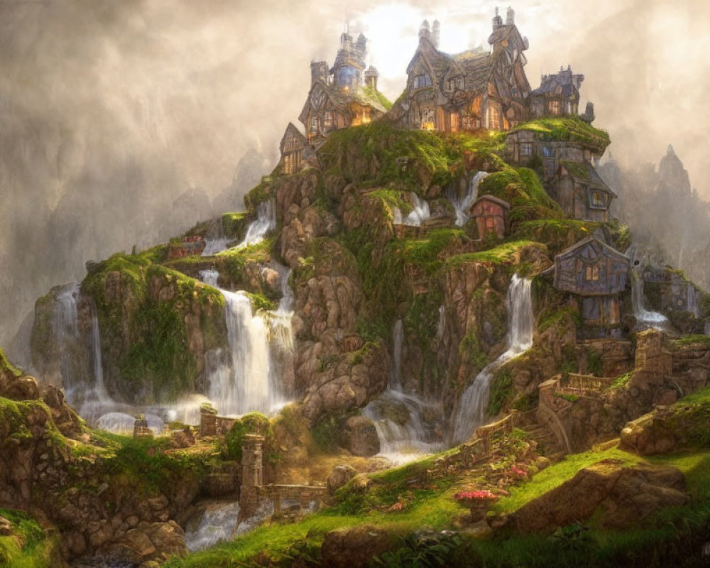 Fantasy village with cascading waterfalls and soft light