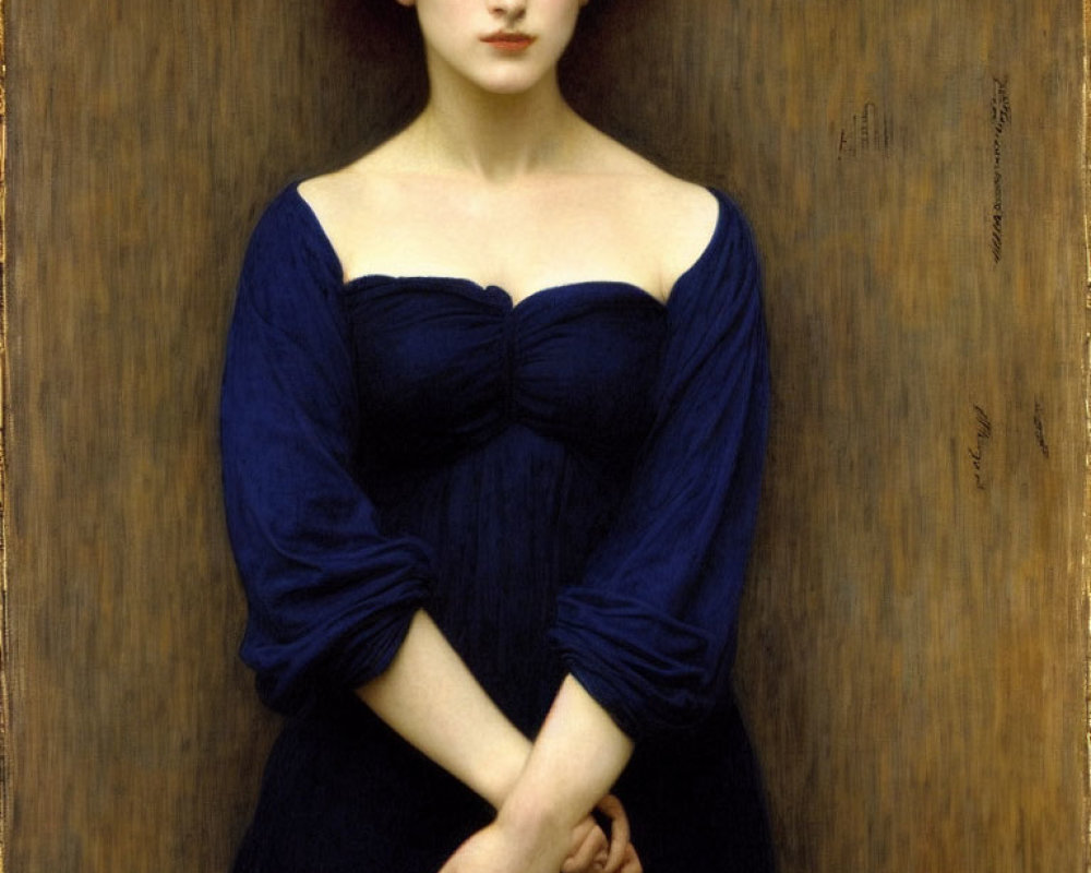 Portrait of young woman with pale skin and dark hair in off-shoulder blue dress