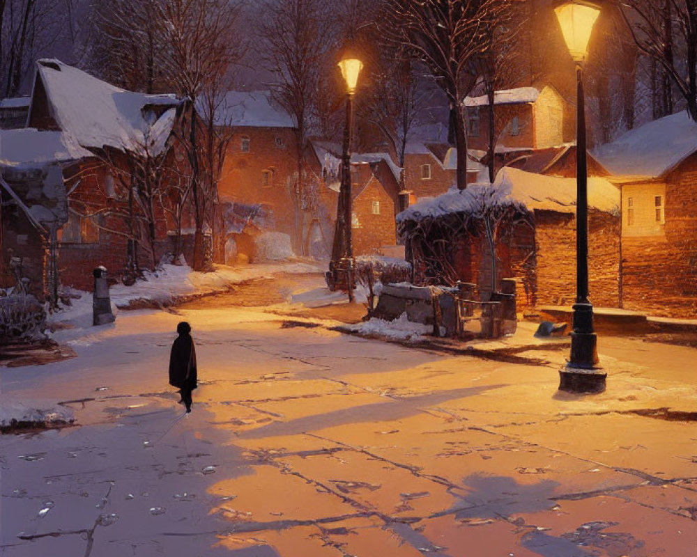 Snow-covered street at dusk with solitary figure and warm streetlights