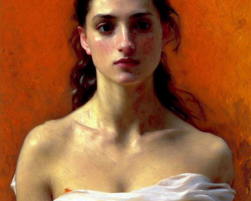 Portrait of contemplative woman with bare shoulders in white cloth against orange backdrop