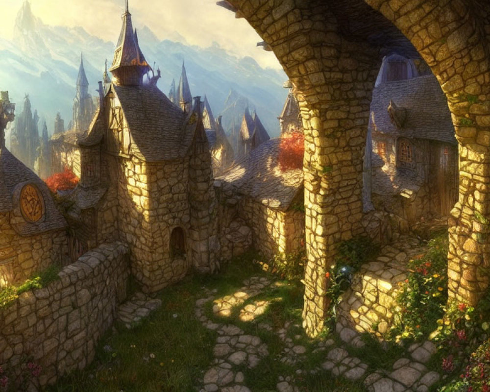 Medieval Fantasy Village with Stone Architecture and Mountain Backdrop