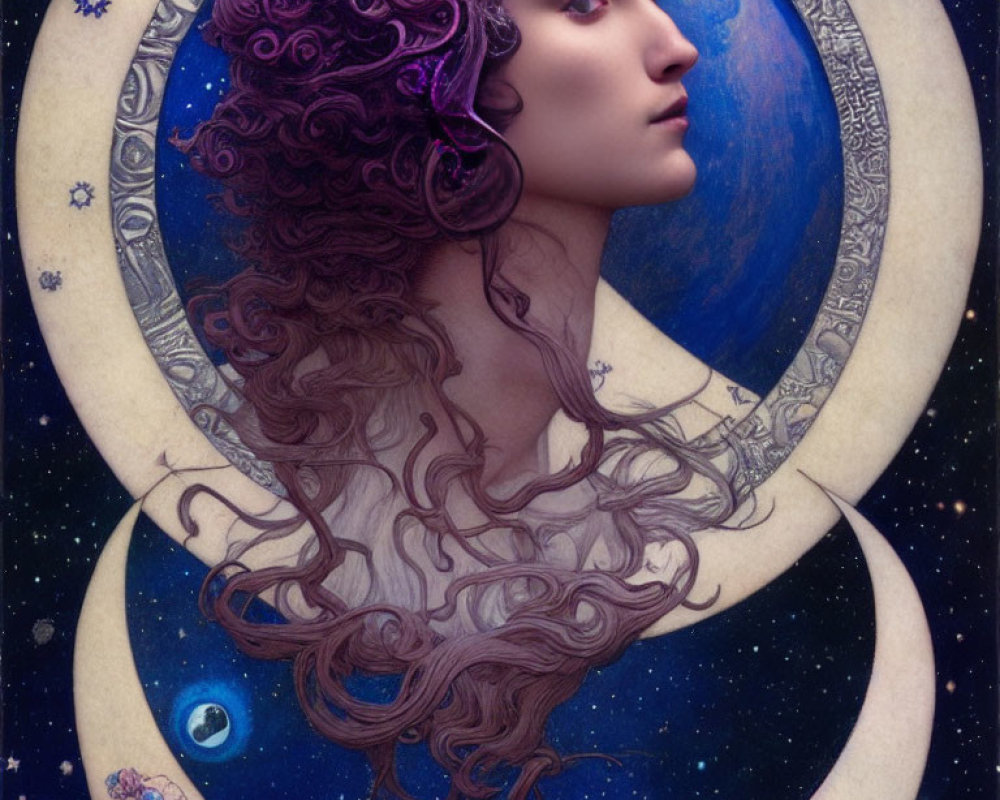 Surreal portrait of woman with purple hair in cosmic setting