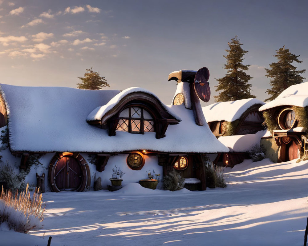 Snow-covered hobbit-like houses with circular doors in serene wintry twilight