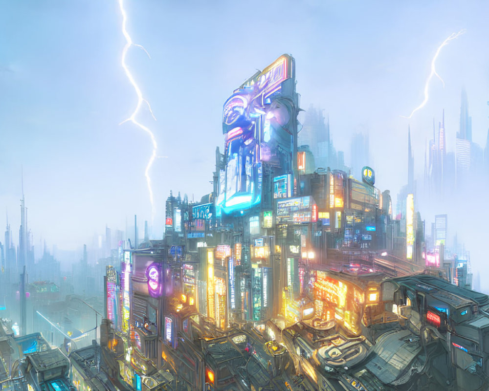 Neon-lit cityscape with skyscrapers and lightning strikes