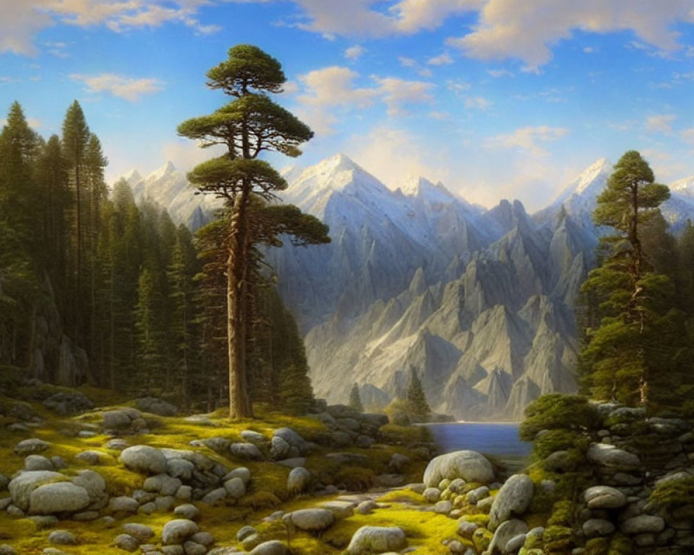 Tranquil landscape with towering mountains, calm lake, coniferous trees, grass, and rocks