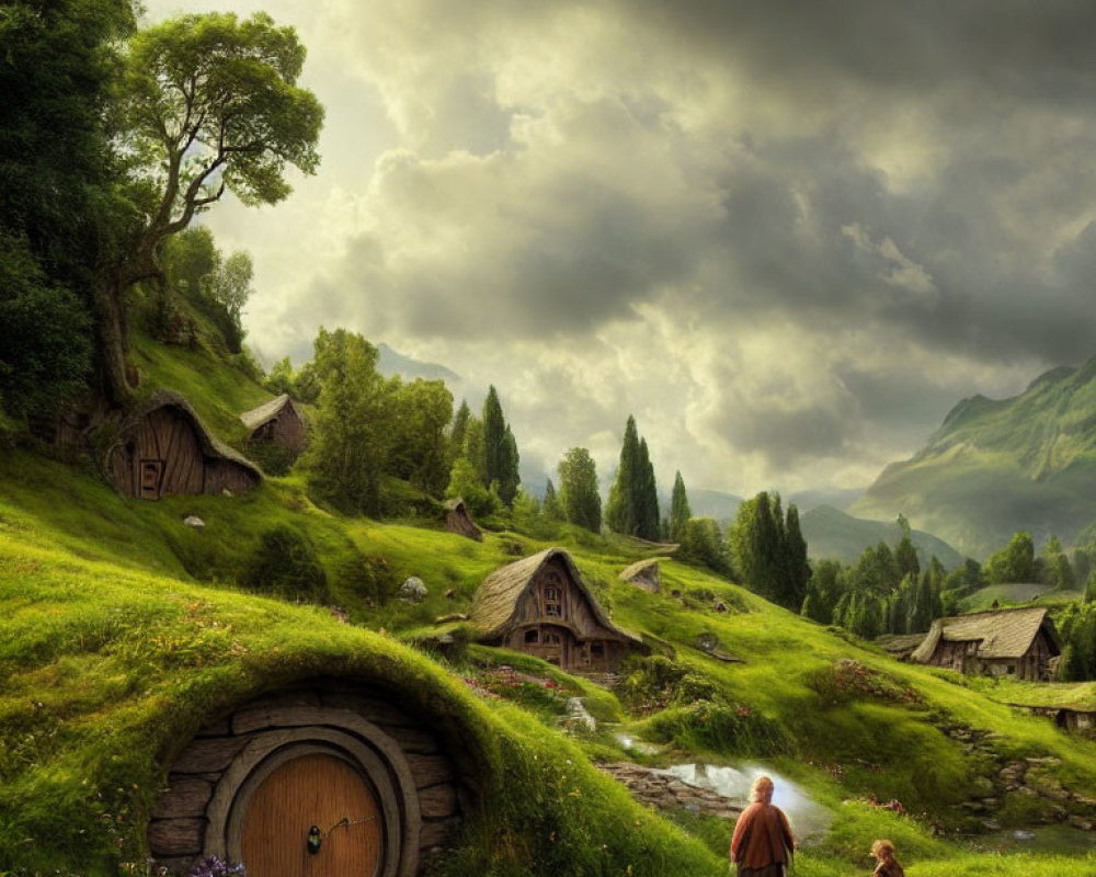 Green hills with hobbit-like houses and figure with child on stone path under dramatic sky