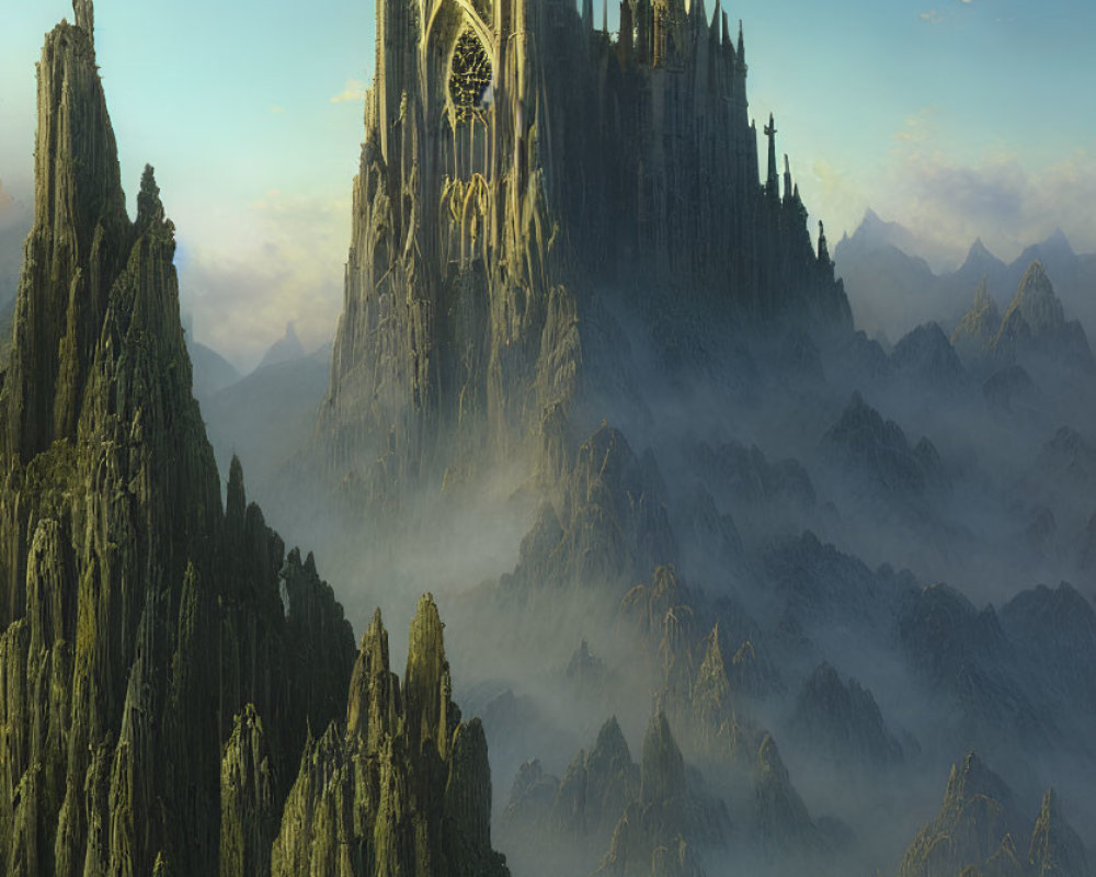 Mystical landscape with tall mountains and gothic cathedral in soft mist