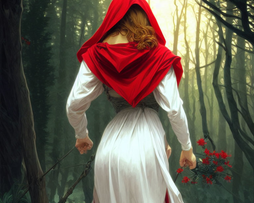 Person in Red Hood and White Dress Walking in Misty Forest with Flowers