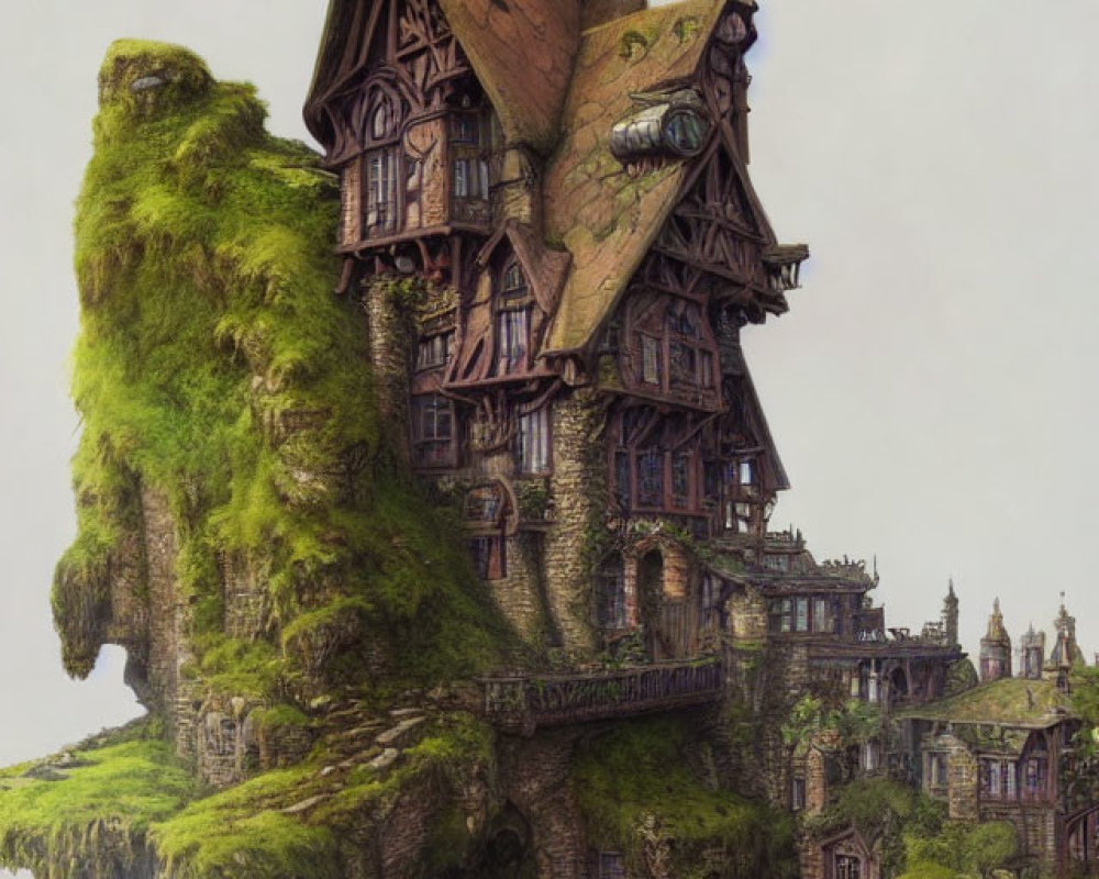 Whimsical multi-story house on moss-covered cliff