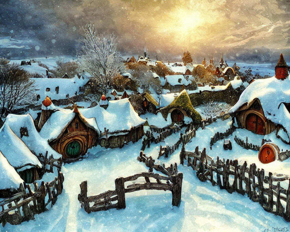 Snow-covered village with thatched-roof houses and warm sunset glow