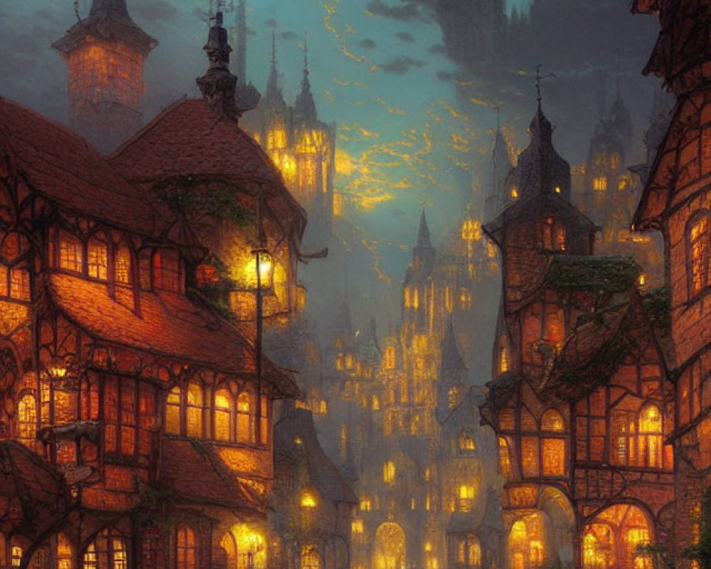 Historic cobblestone street with half-timbered houses, castle under twilight sky