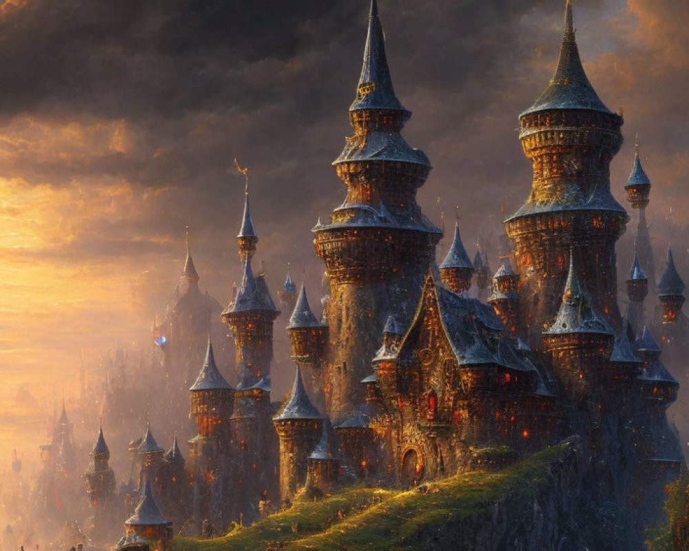 Fantasy castle on cliff at sunset with warm light and dark clouds