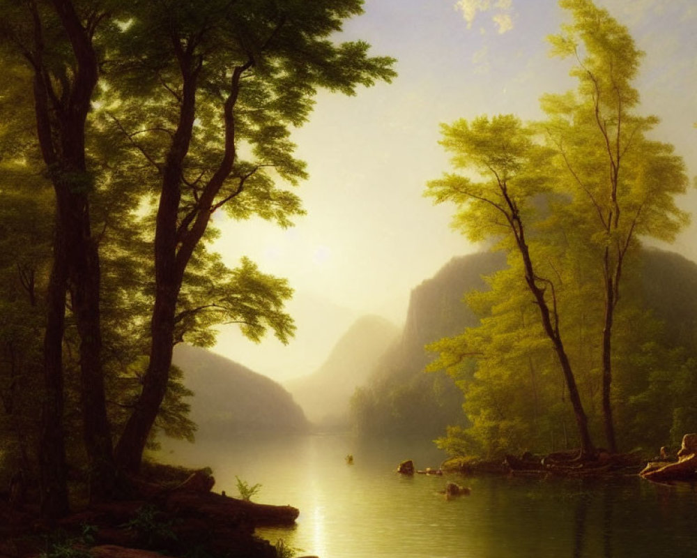 Tranquil landscape with tall trees, calm river, and distant mountains at sunrise or sunset