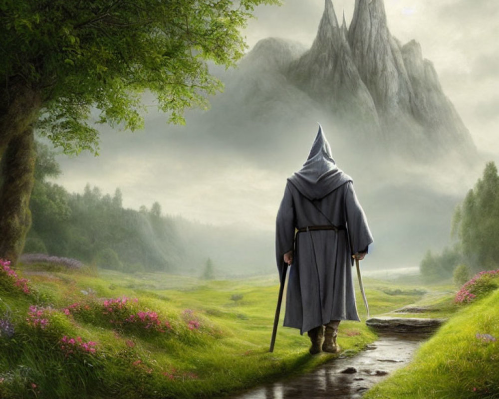 Cloaked figure with staff in mystical mountain landscape