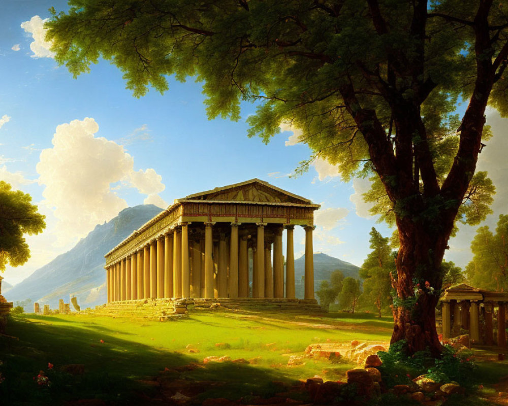 Classical Greek temple painting in serene landscape