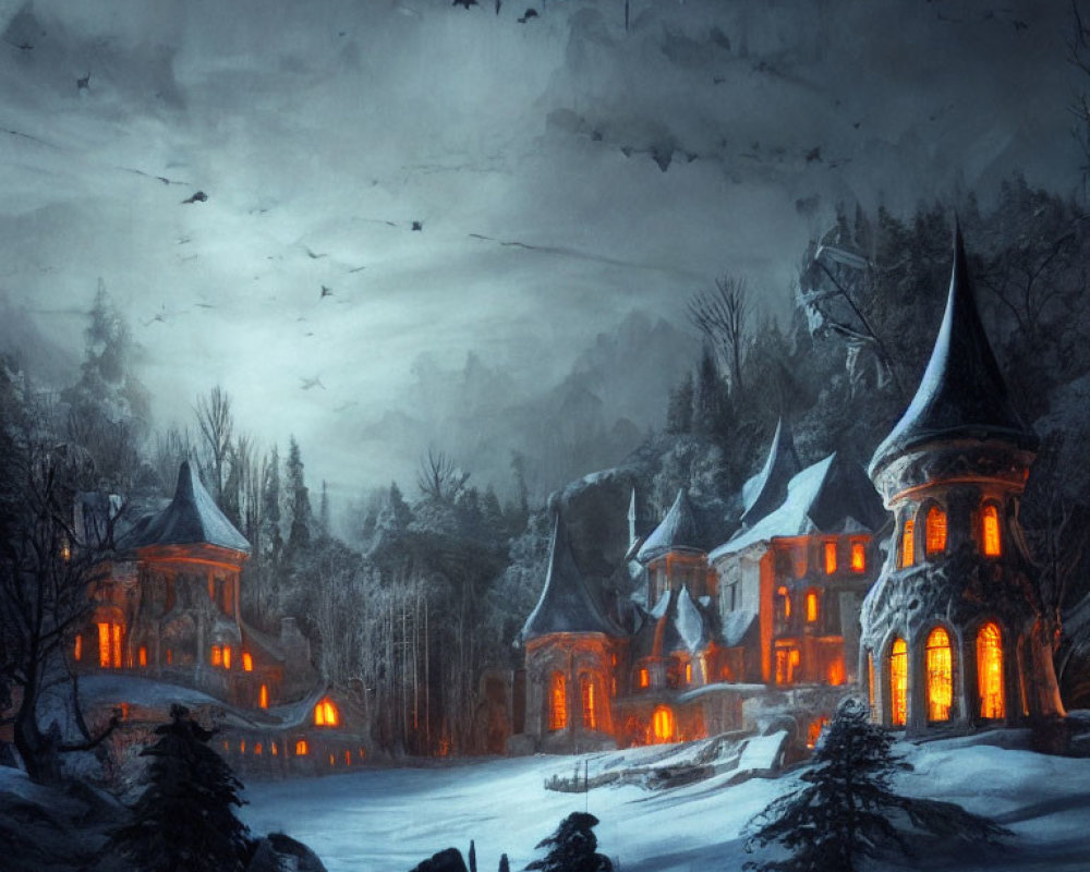 Gothic-style houses in snowy winter scene with flying bats