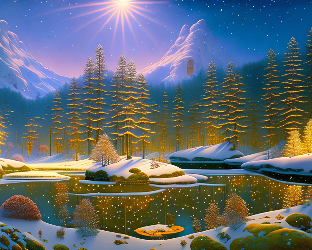 Snow-covered trees, calm lake, starry sky: Serene winter landscape with warm lights.