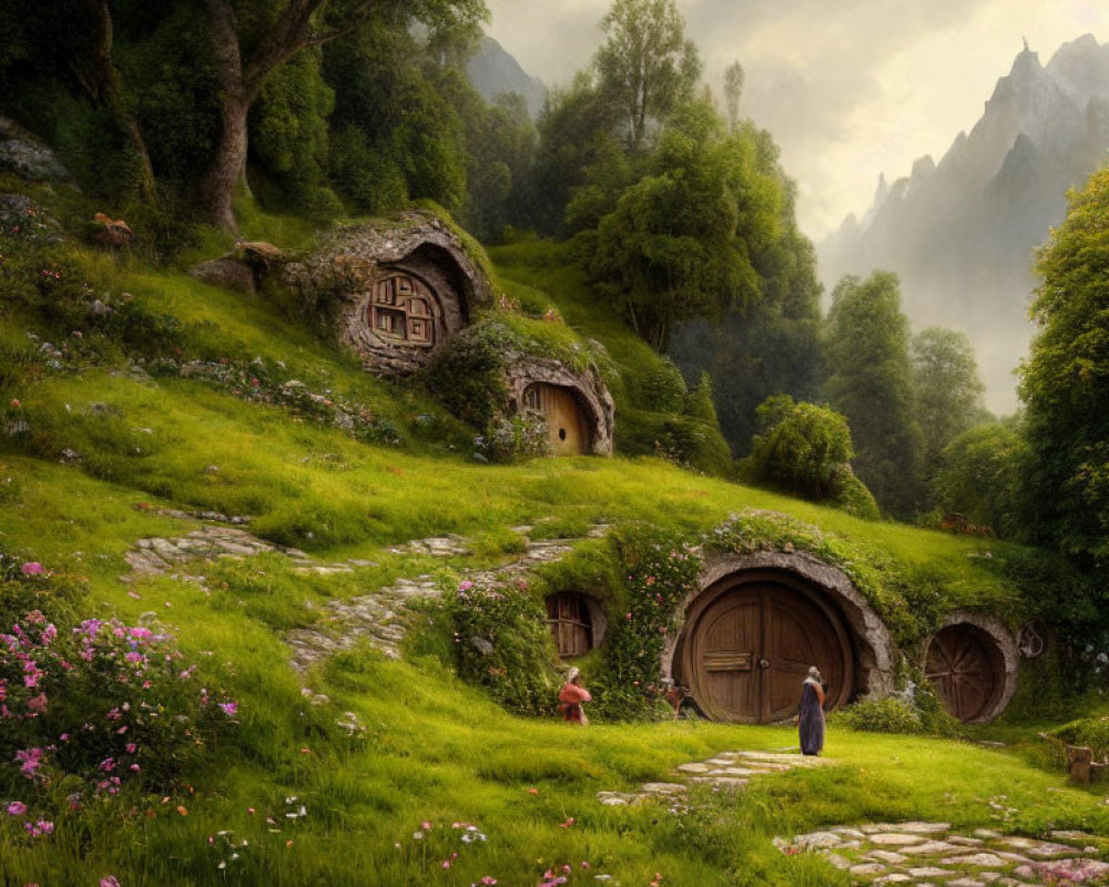 Whimsical landscape with hobbit-like houses, grassy hills, flowers, and figure with red