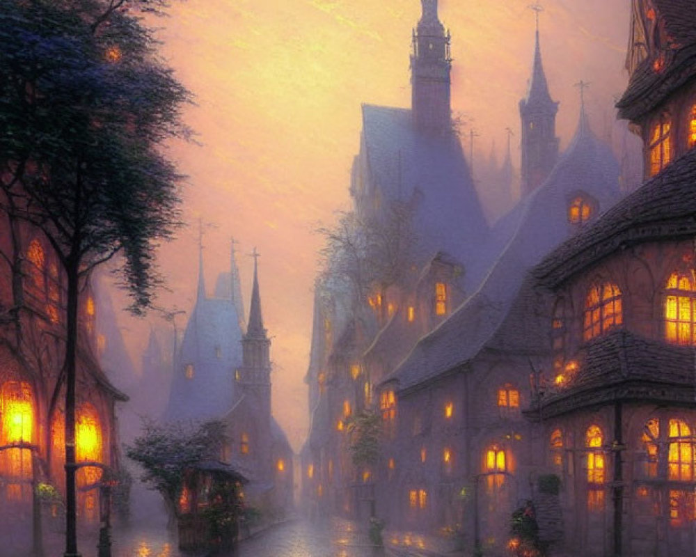 Twilight scene: cobblestone street, lantern-lit, old buildings, birds-filled sky