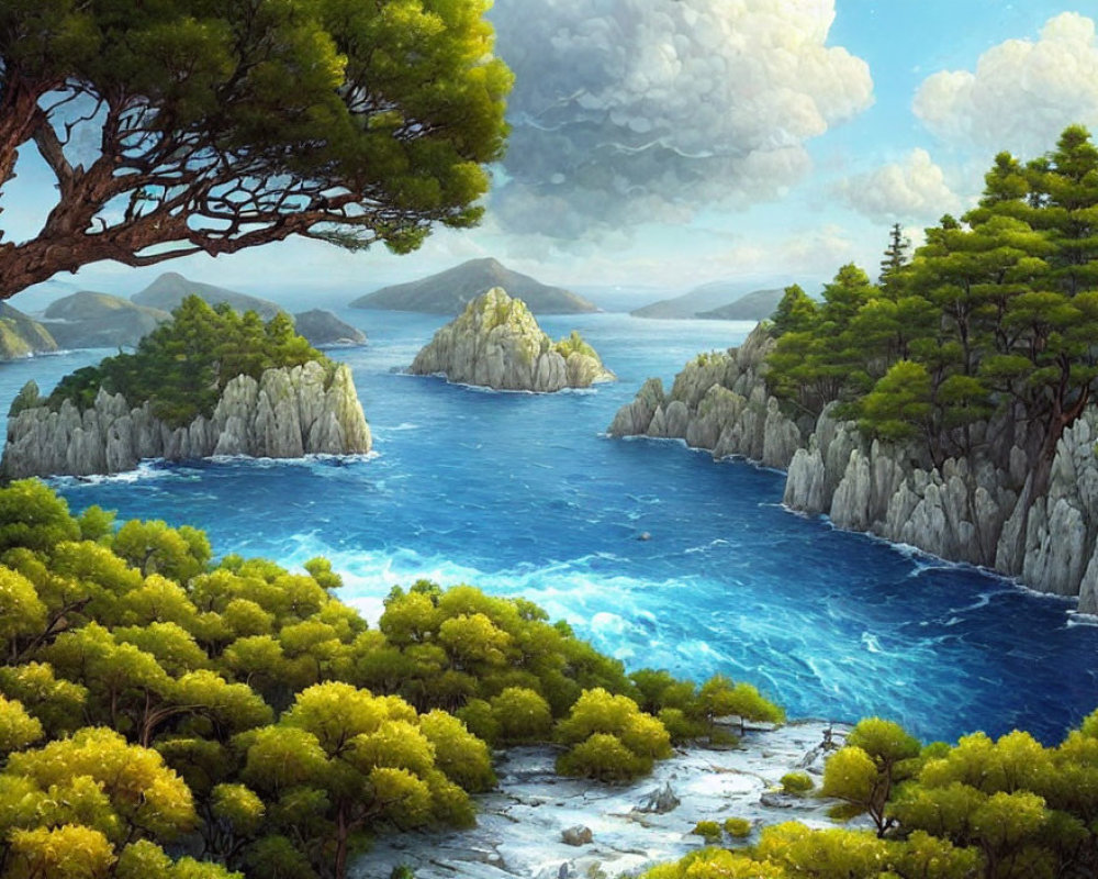 Tranquil seascape with lush greenery and towering cliffs