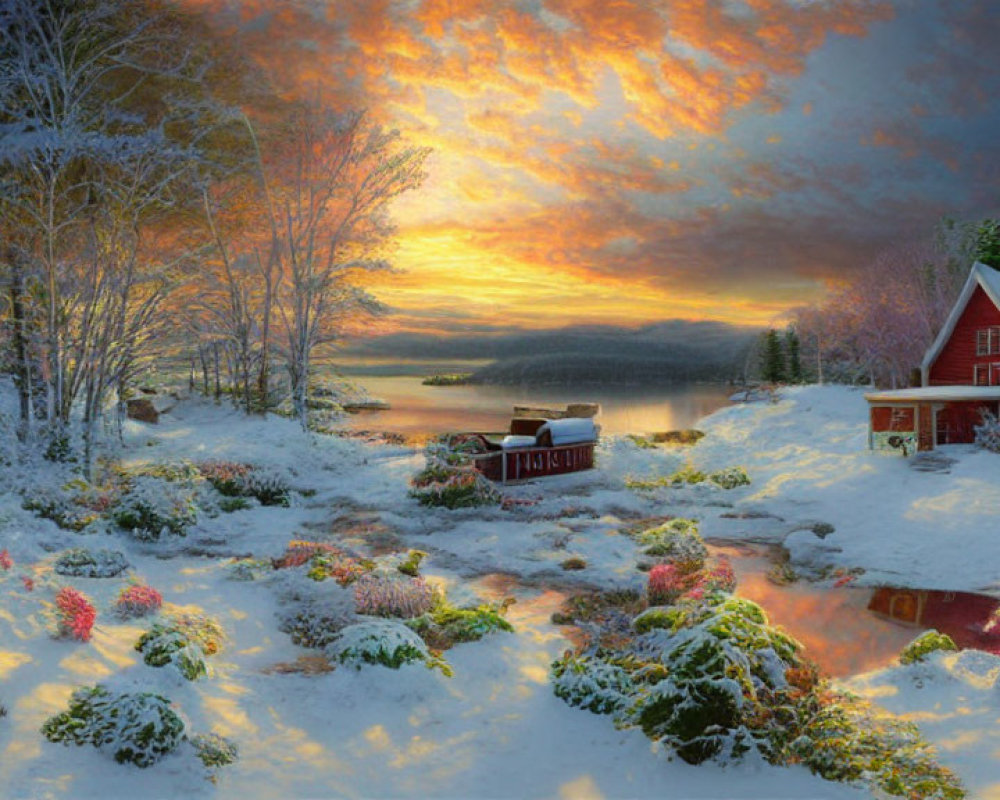 Winter Lake Sunset: Snow-covered Ground, Red House, Boat