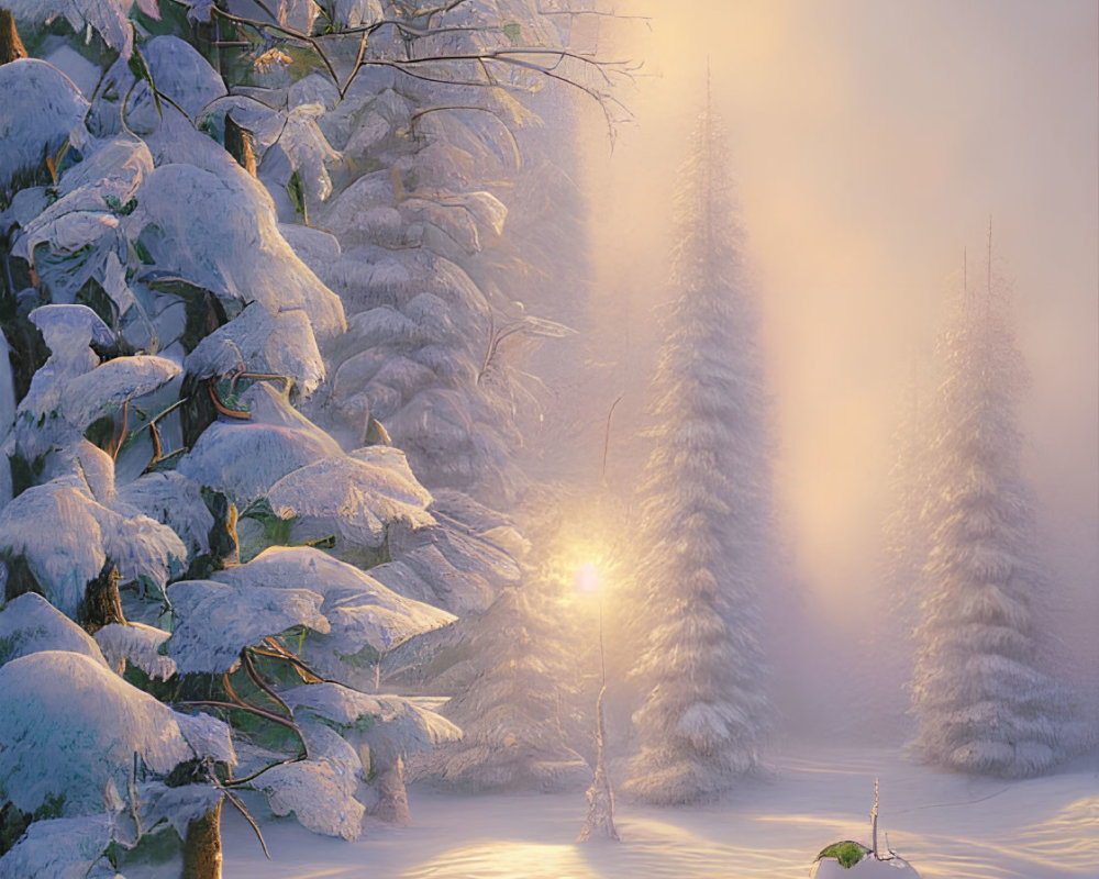 Serene winter landscape with snow-covered trees and sun rays piercing mist