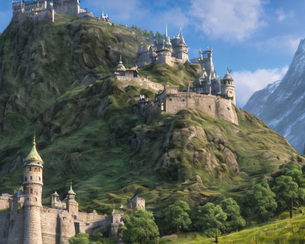 Majestic castle on lush green hill with towers and mountains