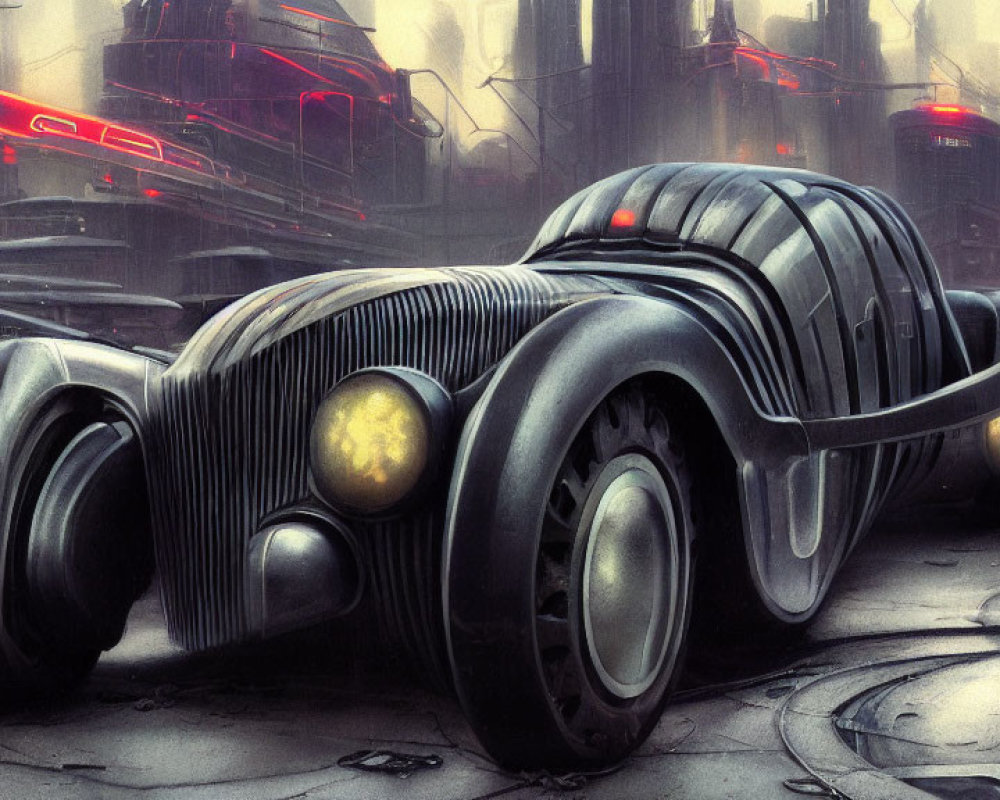 Futuristic black car with classic design in neon-lit cityscape