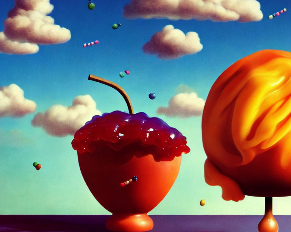 Colorful still life painting with orange, ice cream, and candies on blue sky background