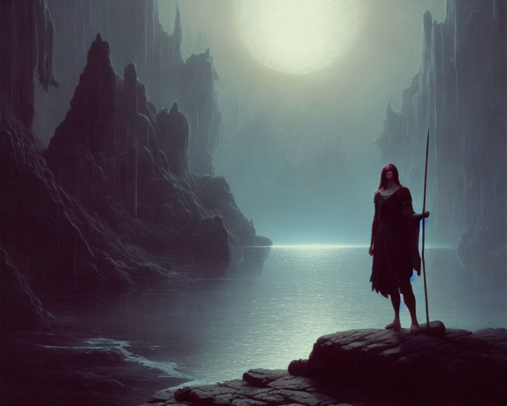 Figure in Red Cloak with Spear Overlooking Moonlit Waterway