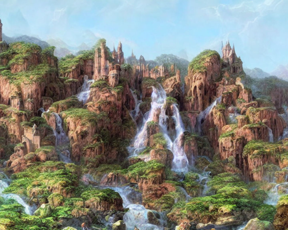 Fantasy landscape with waterfalls, castle spires, and lush greenery