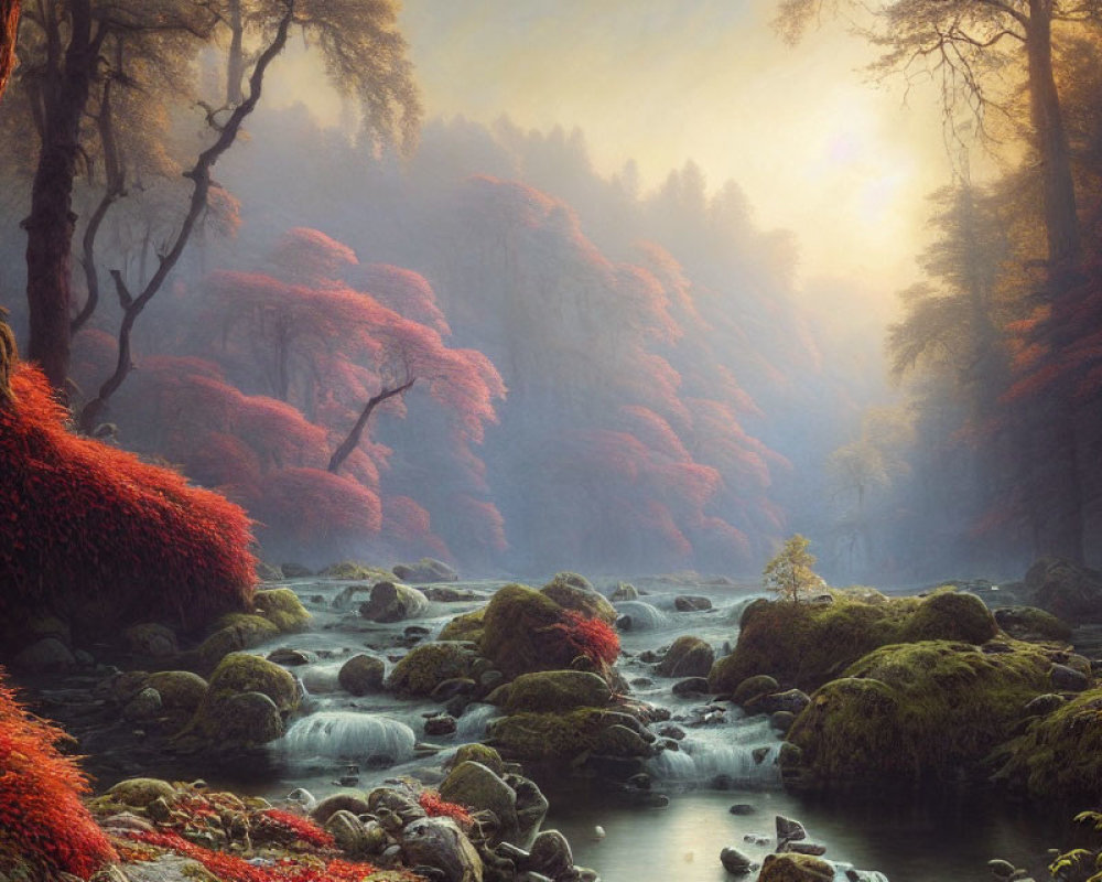 Tranquil forest creek with moss-covered rocks and red foliage at sunrise