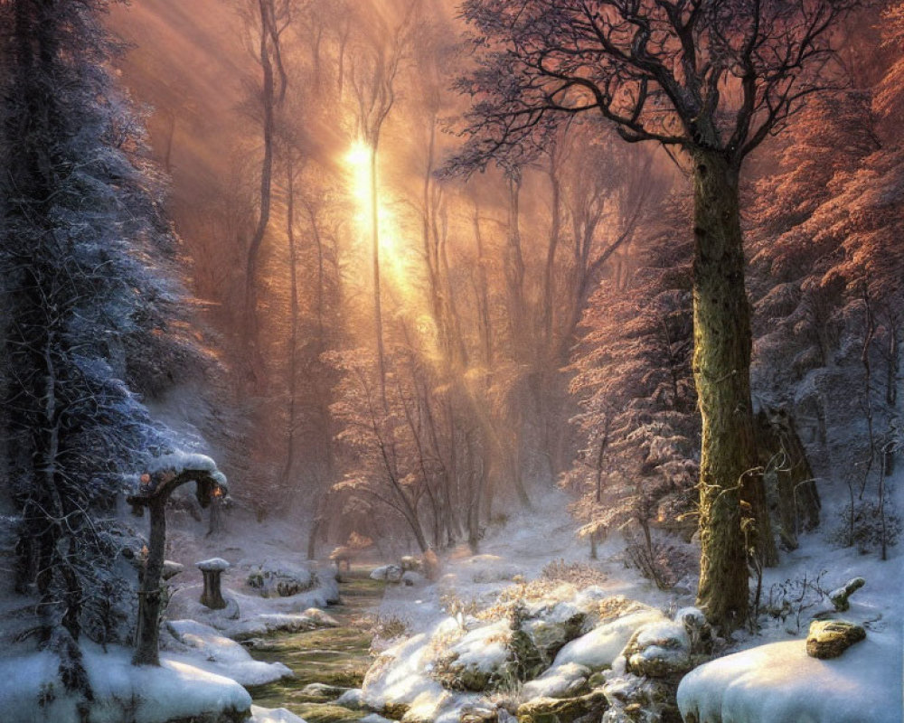 Snow-covered winter forest with stream, sunlight, and wooden bridge