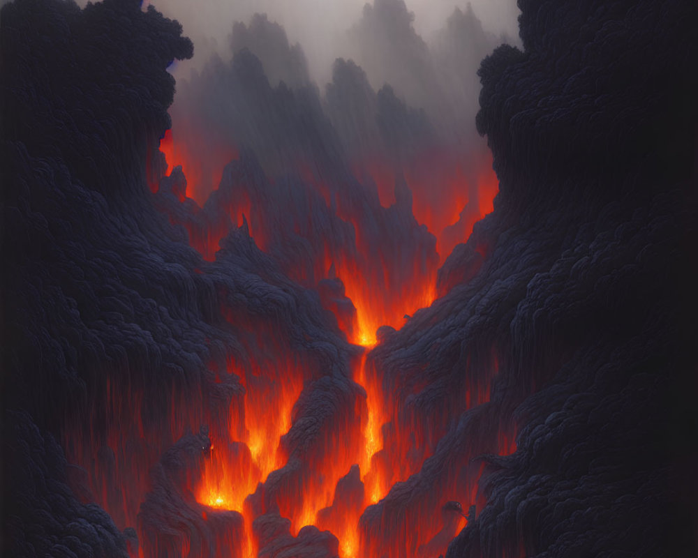 Ethereal landscape: rivers of lava amid rugged terrain