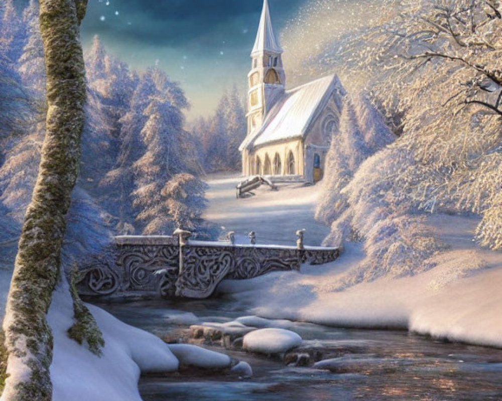 Snowy church by frozen stream in twilight landscape