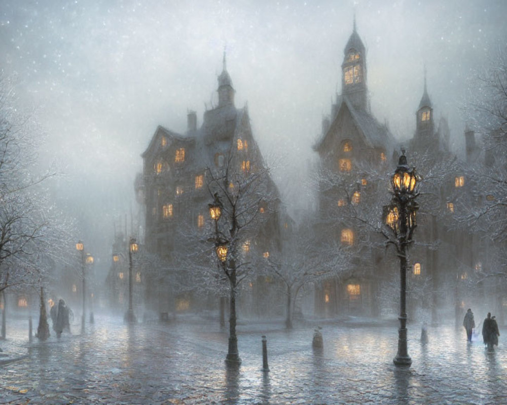 Snowy Evening Scene: People Walking by Old Illuminated Building